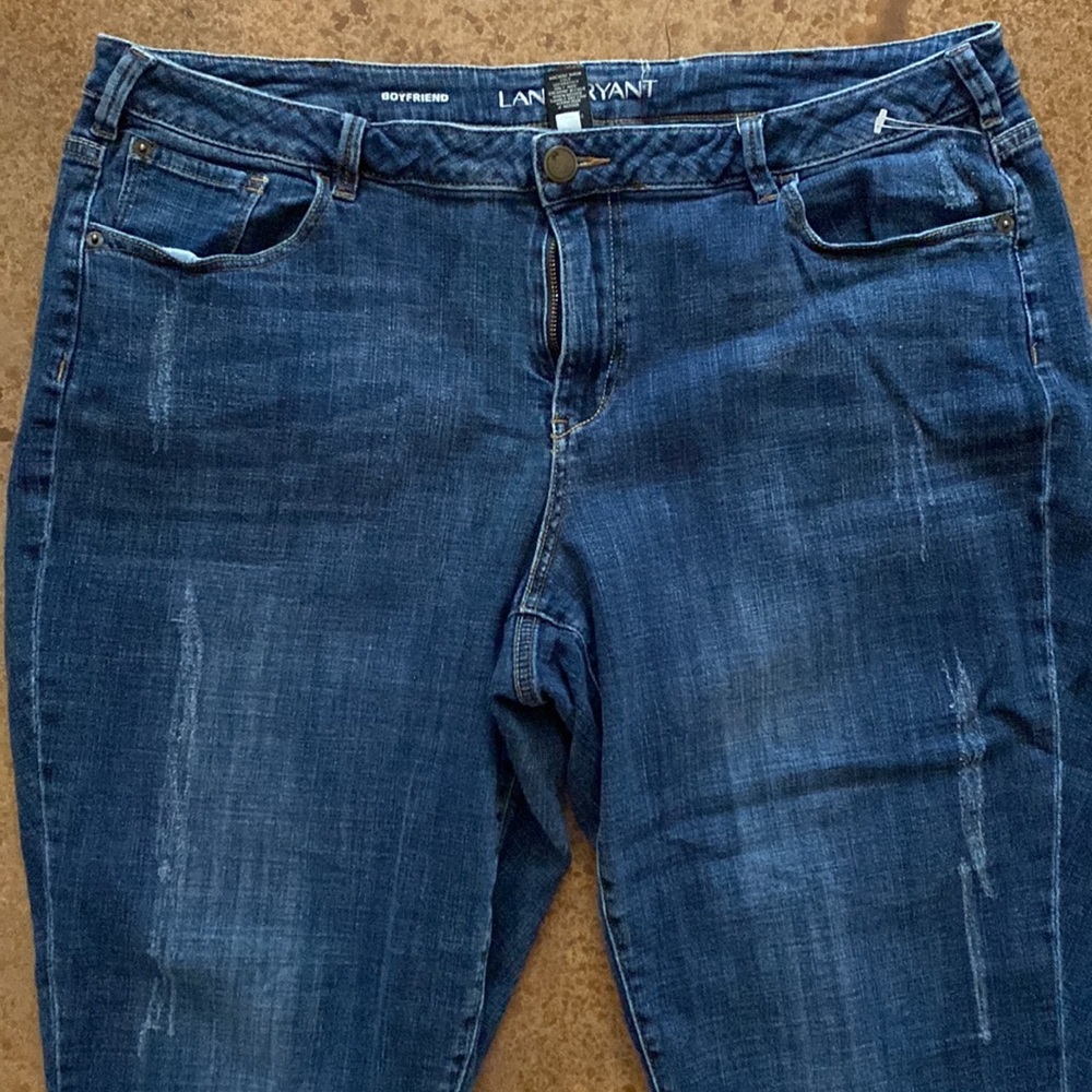 Lane Bryant medium wash distressed boyfriend raw hem stretch cropped jeans